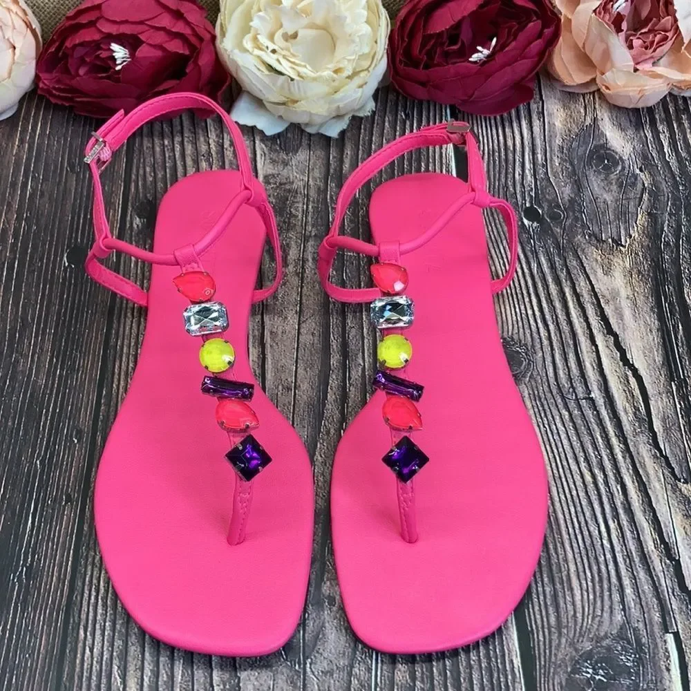 Schutz Neon Pink Eryl Embellished Thong Sandals 9B - Picture 2 of 8